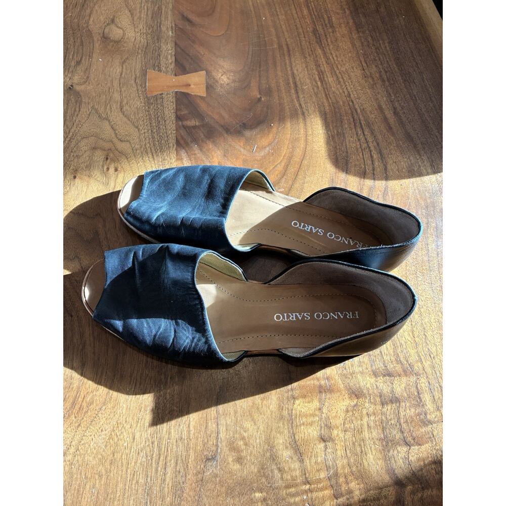 Franco Sarto Size 7.5M Black Open Toe Leather Shoes Slip On‎ Flats Career Casual